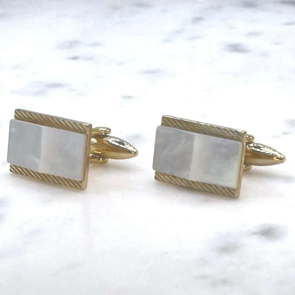 Mens Mother of Pearl Gold Tone Rectangular Bullet Back Cufflinks